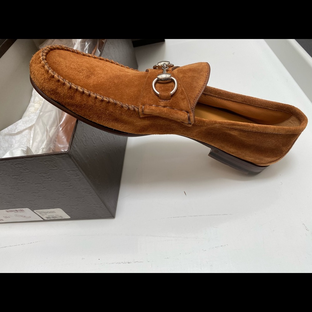 Classic light brown suede Gucci horsebit loafers